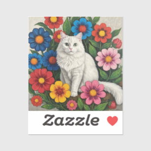 Fluffige weiße Katze und volkstümliche Blumen Aufkleber