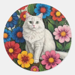 Fluffige weiße Katze und volkstümliche Blumen Runder Aufkleber