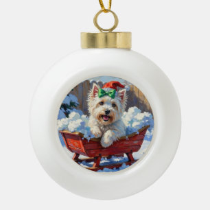 Fluffiger Coton de Tulear Hund Vintage Weihnachtss Keramik Kugel-Ornament