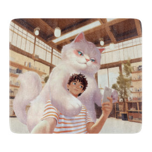 Fluffiger Riese: Selfie der weißen Katze im Retro- Schneidebrett