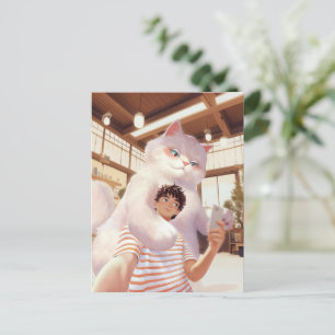 Fluffiger Riese: Selfie einer weißen Katze im Retr Postkarte
