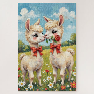 Fluffiges Alpakapaar mit roten Schleifen Kunst Puzzle