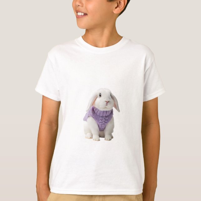 Fluffiges weißes Kaninchen in lila Pullover Kinder (Vorderseite)