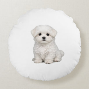 Fluffiges weißes Malteser-Welpenportrait Süßer Hun Rundes Kissen