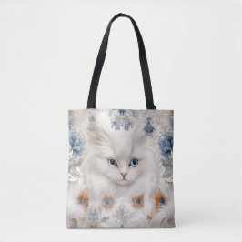 FLUFFWEISSE KATZE MIT BLAU- UND ORANGE-BLUME