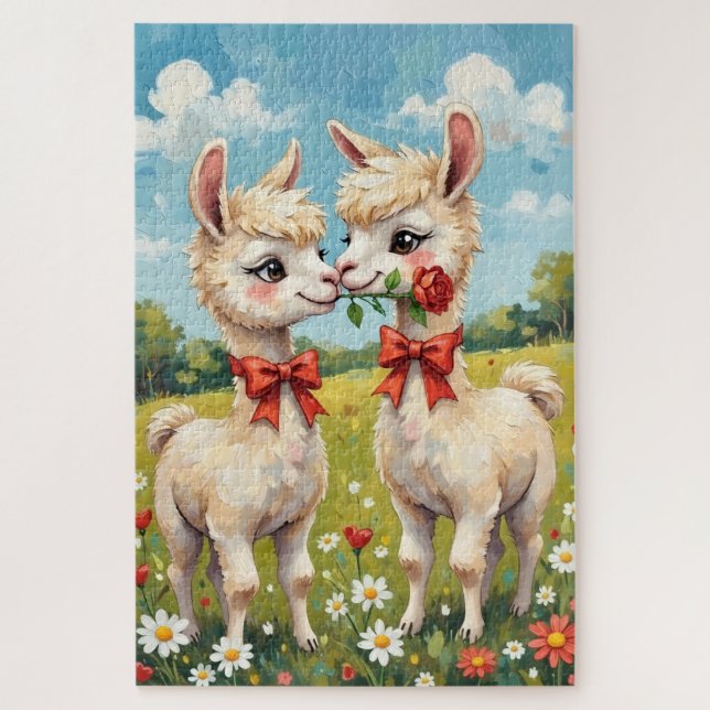 Fluffy Alpaca Couple With Red Bows Art Puzzle (Vertikal)