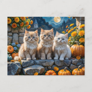 Fluffy Autumn Kittens Pumpkins and Folies Feiertagspostkarte