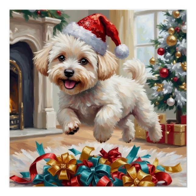 Fluffy Bichon Frise Dog Joyful Christmas Poster (Vorderseite)