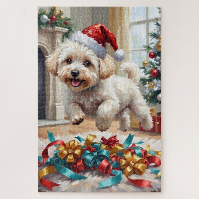 Fluffy Bichon Frise Dog Joyful Christmas Puzzle (Vertikal)