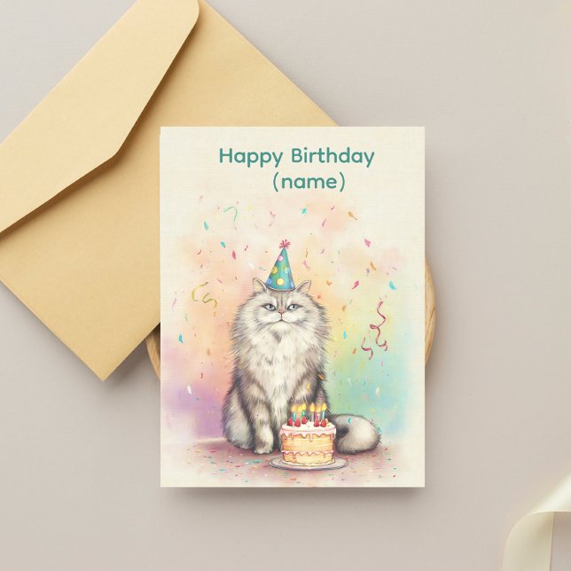 Fluffy Birthday Cat - Party Hat Cat with Cake Postkarte (Von Creator hochgeladen)