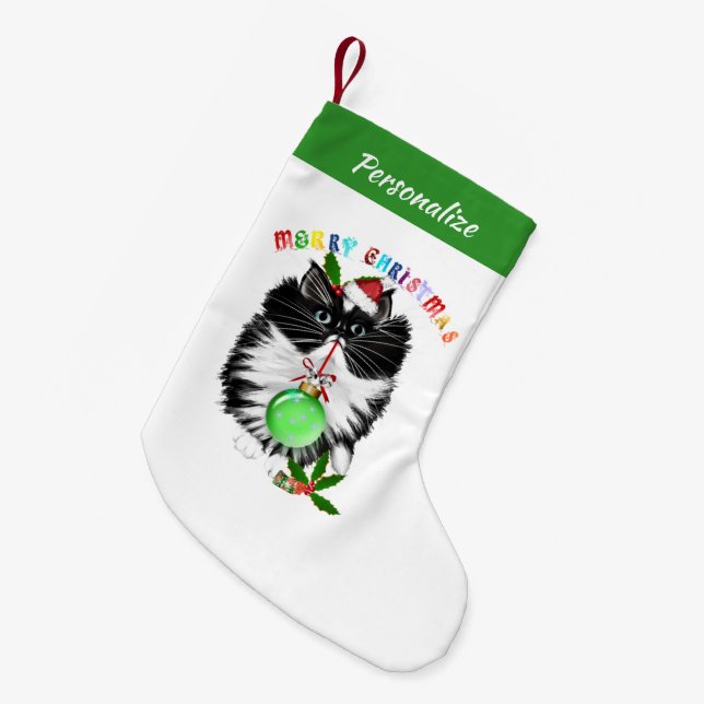 Fluffy Black And White Cat Santa Hat Christmas Kleiner Weihnachtsstrumpf (Vorderansicht (hängend))
