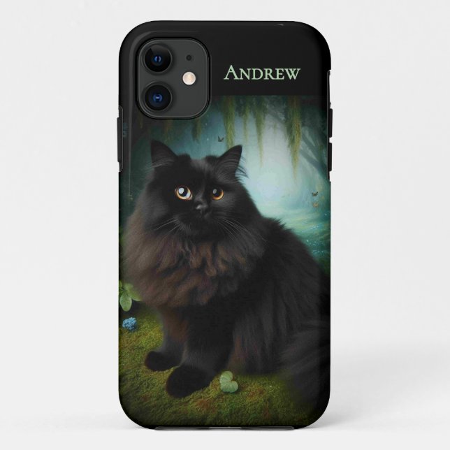 Fluffy Black Cat in Misty Woods Case-Mate iPhone Hülle (Rückseite)