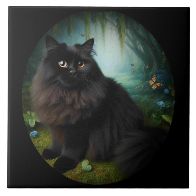 Fluffy Black Cat in Misty Woods Fliese (Vorderseite)