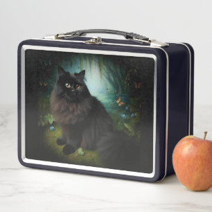 Fluffy Black Cat in Misty Woods Metall Brotdose
