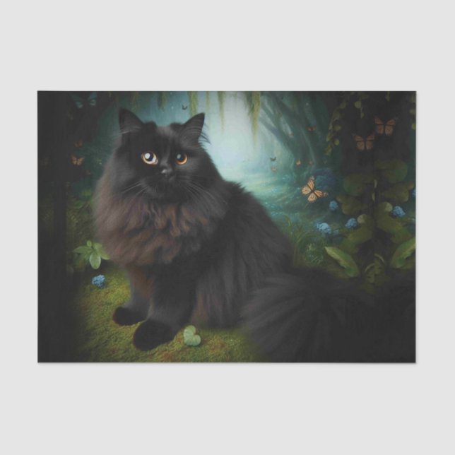 Fluffy Black Cat in Misty Woods Seidenpapier (Vorderseite)