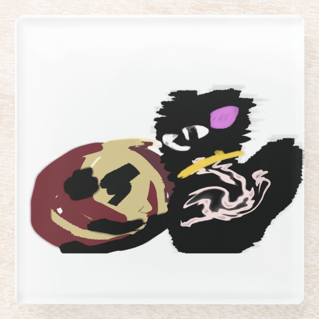 Fluffy Black Cat Jack o Lantern fun  Glasuntersetzer (Vorderseite)