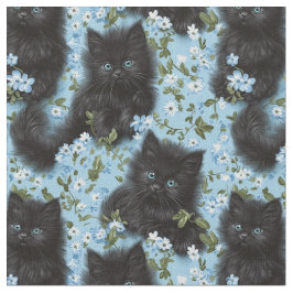 Fluffy Black Kittens & Blume Nahtloses Muster Stoff
