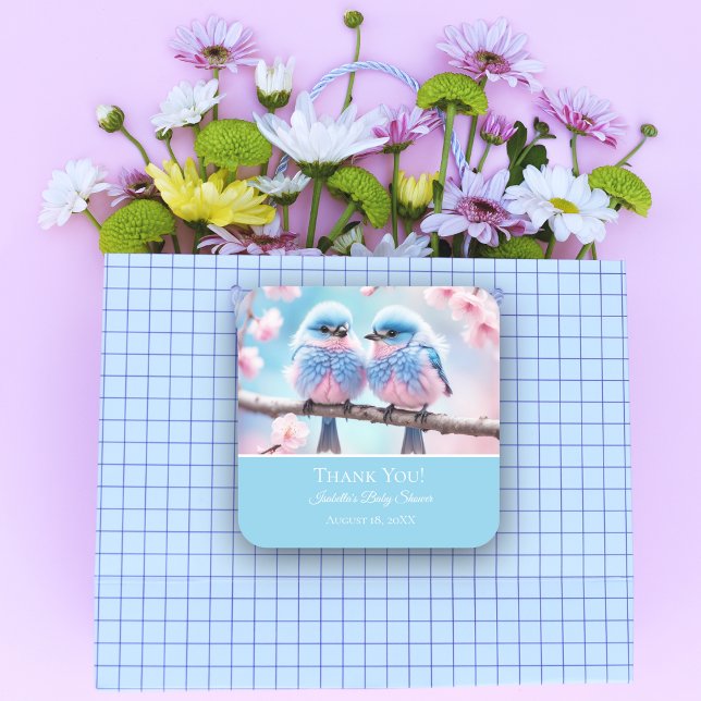 Fluffy Bluebirds und Cherry Blossom Baby Vielen Da Quadratischer Aufkleber (Whimsical baby shower stickers featuring cherry blossoms and fluffy songbirds.)