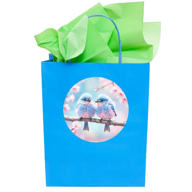 Fluffy Bluebirds und Cherry Blossom Babydusche Runder Aufkleber (A sweet pastel birds sticker to decorate your gift bag or scrapbook.)