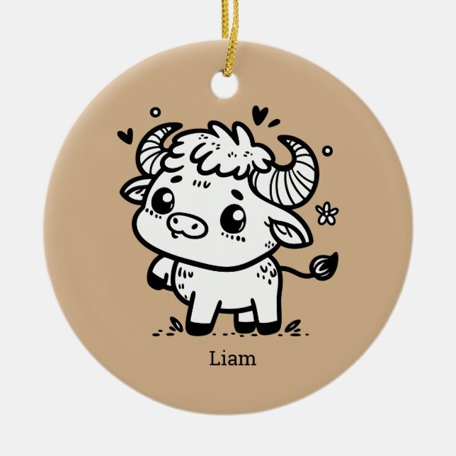 Fluffy Buffalo Baby - Kawaii Farm Animal Keramik Ornament (Vorne)