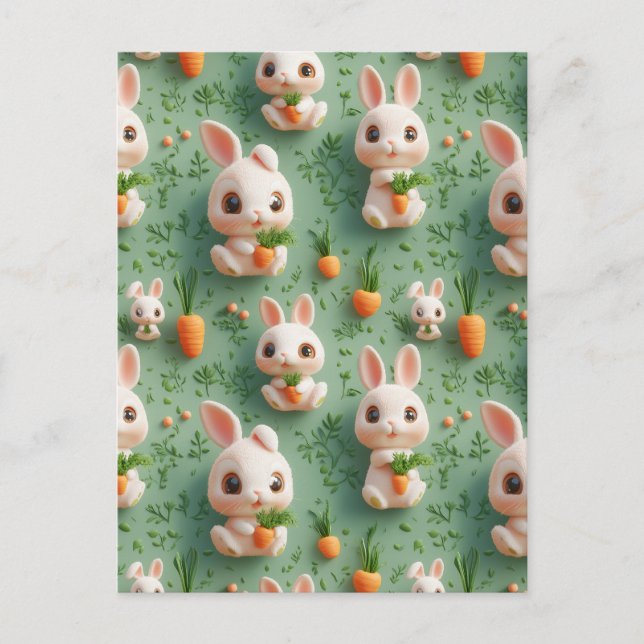 Fluffy Bunnies und Carrots 3D Nahtloses Muster Postkarte (Vorderseite)