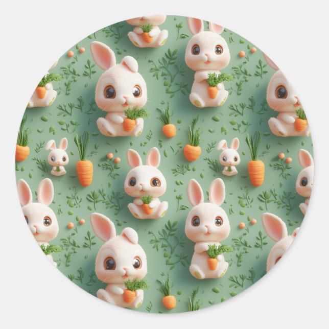 Fluffy Bunnies und Carrots 3D Nahtloses Muster Runder Aufkleber (Vorderseite)