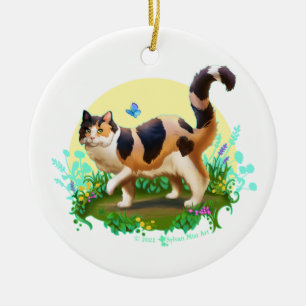 Fluffy Calico Katze mit Schmetterling Keramik Ornament