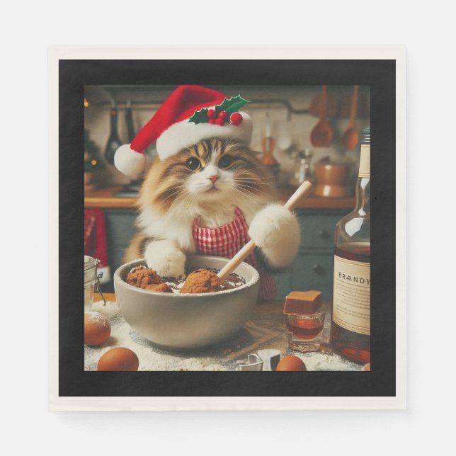 Fluffy cat baking boozy christmas pudding  serviette (Vorderseite)
