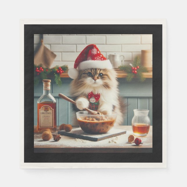 Fluffy cat baking boozy christmas pudding  serviette (Vorderseite)