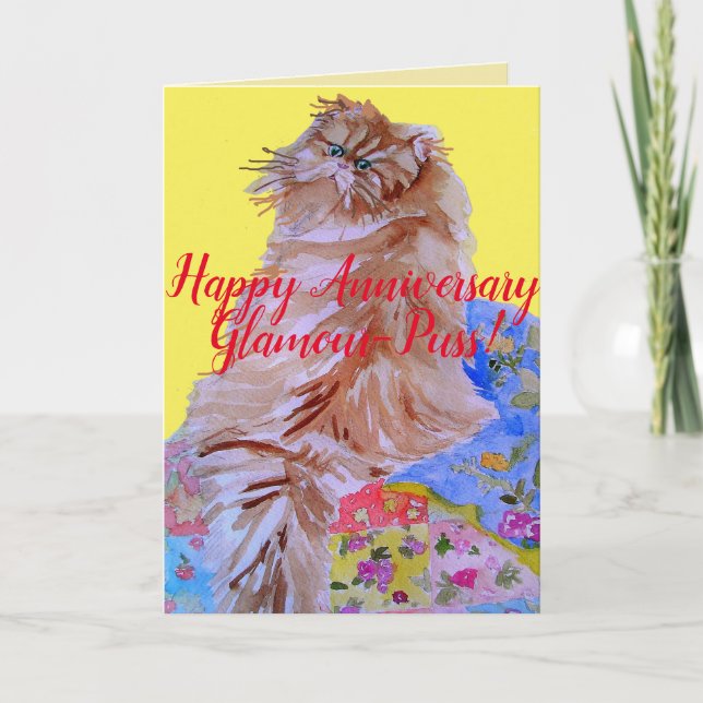 Fluffy Cat Glamour Puss Happy Anniversary Card Karte (Vorderseite)