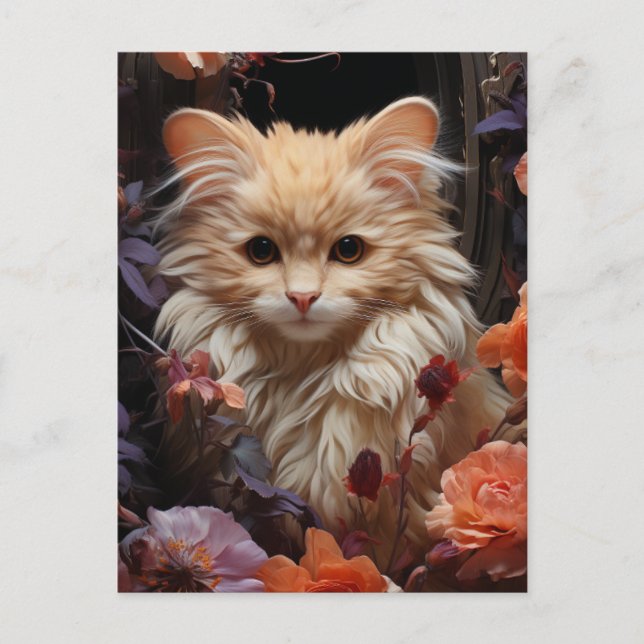 Fluffy Cat in den Blume Postkarte (Vorderseite)