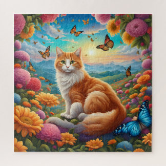 Fluffy Cat Sitting in einem Bereich von Blume Puzzle