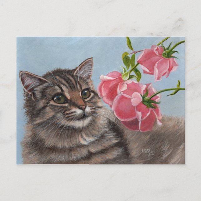 Fluffy Cat und 3 rosa Rosen Postkarte (Vorderseite)