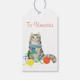 Fluffy Cat with Yarn and Scarf Gift Tag Geschenkanhänger