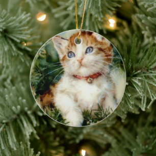 Fluffy christmas cat Watercolor Keramik Ornament