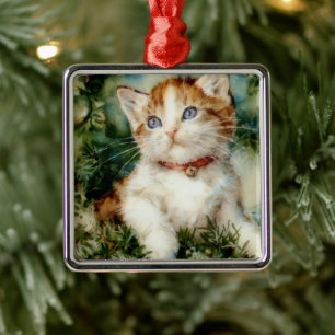 Fluffy christmas cat Watercolor Ornament Aus Metall