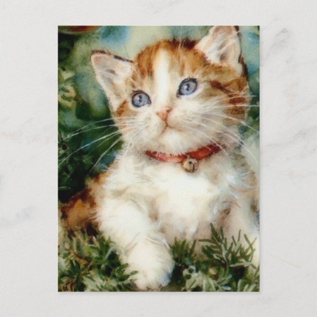 Fluffy christmas cat Watercolor Postkarte (Vorderseite)