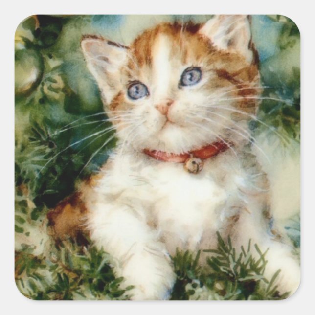 Fluffy christmas cat Watercolor Quadratischer Aufkleber (Vorderseite)