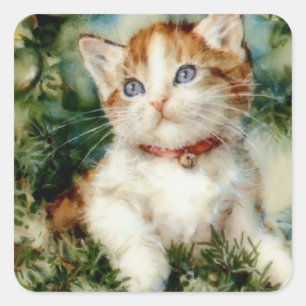 Fluffy christmas cat Watercolor Quadratischer Aufkleber