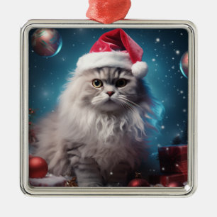 FLUFFY CHRISTMAS HOLIDAY SILVER PERSIAN CAT ORNAMENT AUS METALL