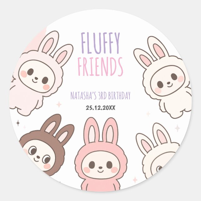 Fluffy Dolls Pastel Bunny Thema Geburtstag Runder Aufkleber (Vorderseite)