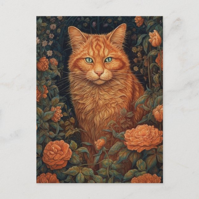 Fluffy Ginger Cat in den Blume Postkarte (Vorderseite)