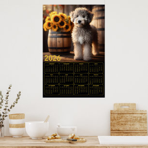 Fluffy Goldendoodle mit Sonnenblumen – 2026 Rustik Poster