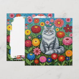 Fluffy Graue gestreifte Katze mit Folk Art Blume Karte