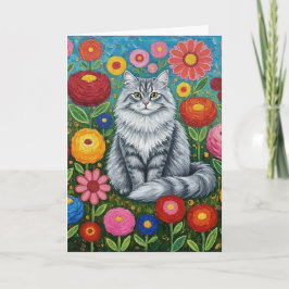 Fluffy Graue gestreifte Katze mit Folk Art Blume Karte
