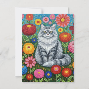 Fluffy Graue gestreifte Katze mit Folk Art Blume Postkarte