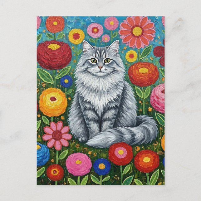 Fluffy Graue gestreifte Katze mit Folk Art Blume Postkarte (Vorderseite)