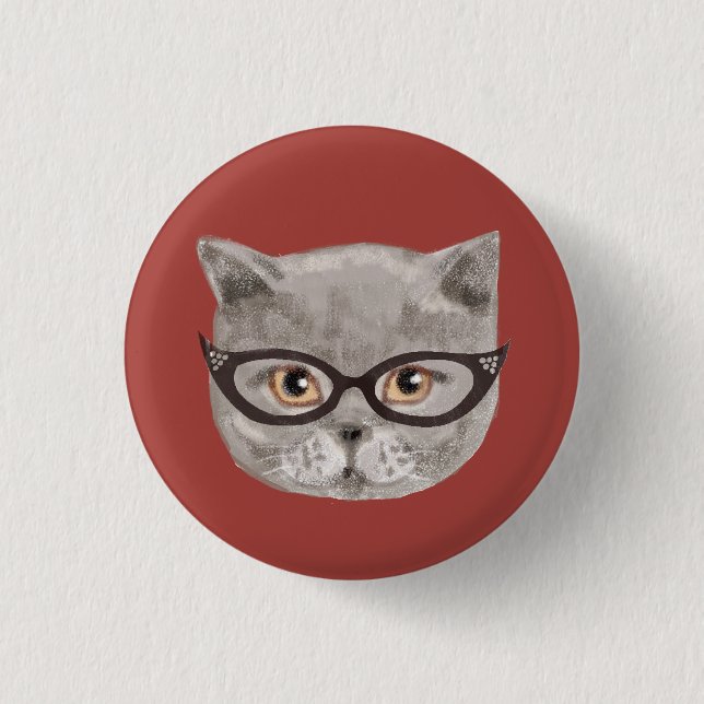 Fluffy graue Katze mit Brille Button (Vorderseite)