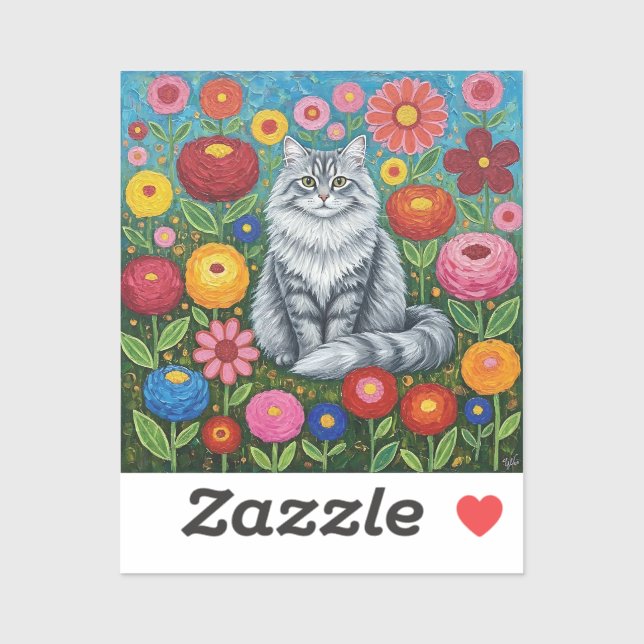 Fluffy Gray Striped Cat with Folk Art Flowers Aufkleber (Blatt)