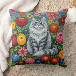 Fluffy Gray Striped Cat with Folk Art Flowers Kissen